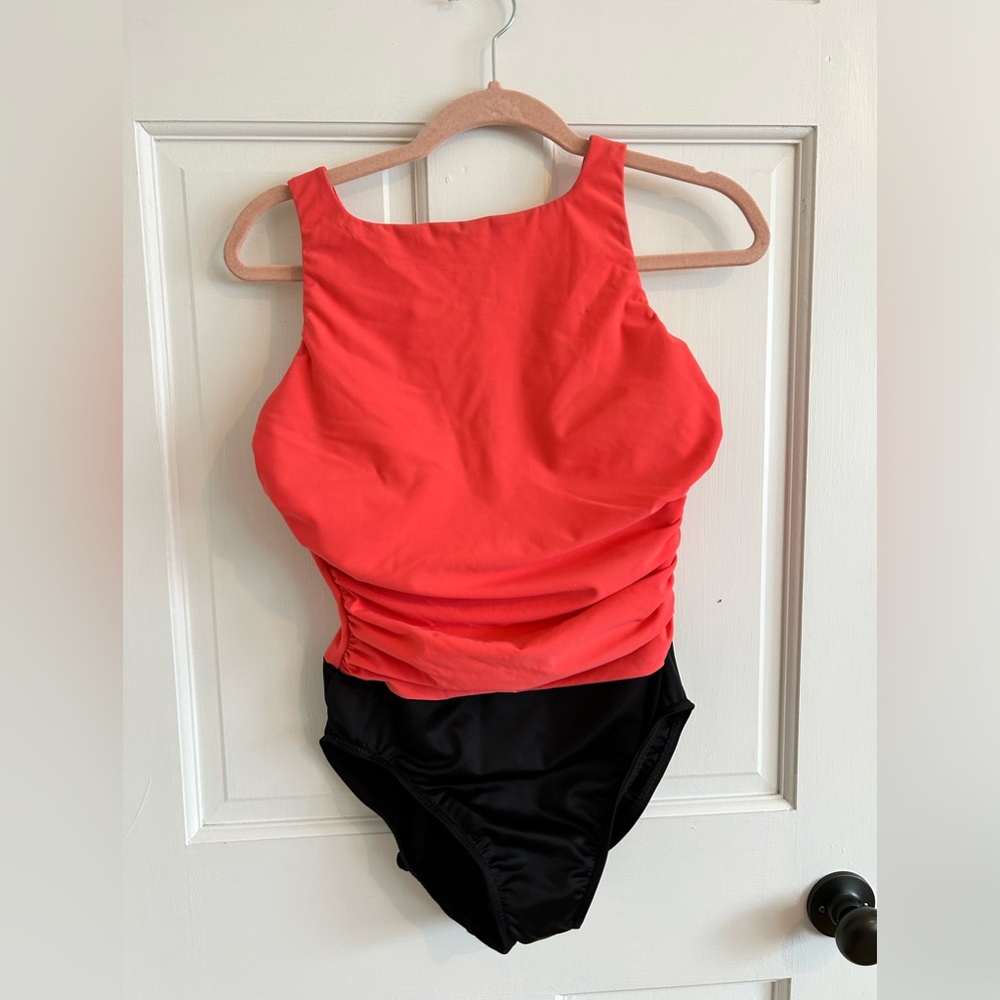 Miraclesuit | High neck pink and black flattering swim suit bathing suit